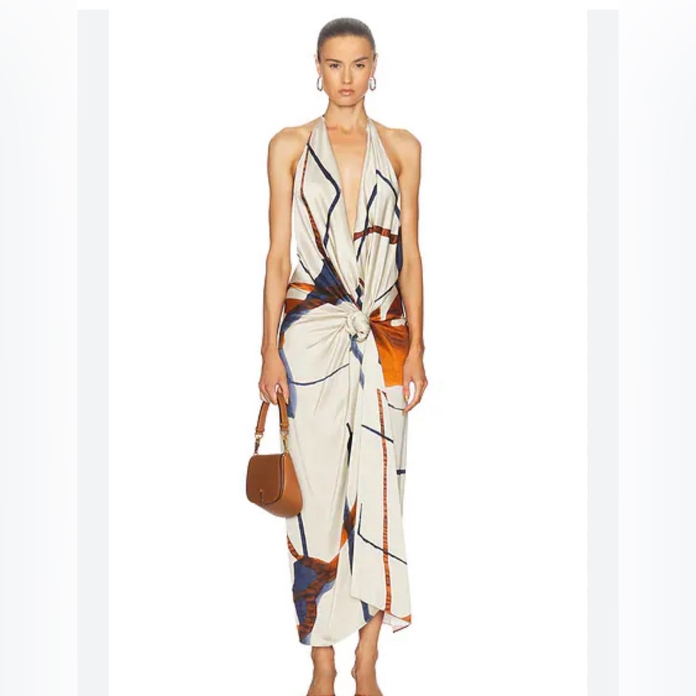 Elegant Halter Neck Dress in White with Blue and Orange Accents - Picture 3 of 5